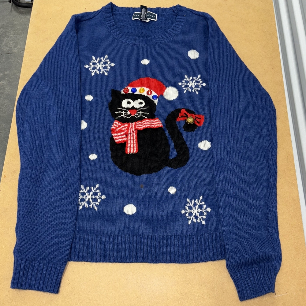 Karen Scott Blue Cat Ugly Christmas Knit Sweater With Bell